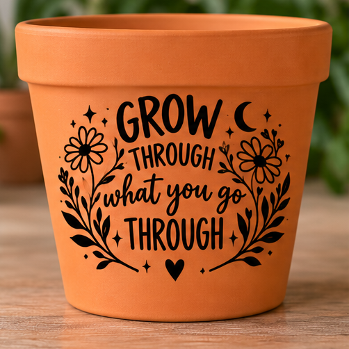 Orange plant pot with black flowers and Grow Through What You Go Through lettering